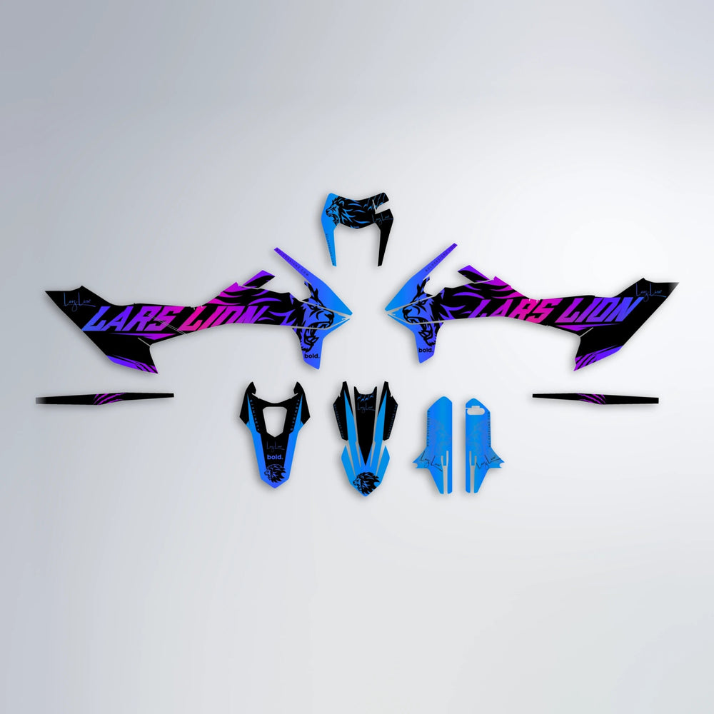 LARSLION KTM SMC 690 graphics kit parts layout in Blue Purple Fade
