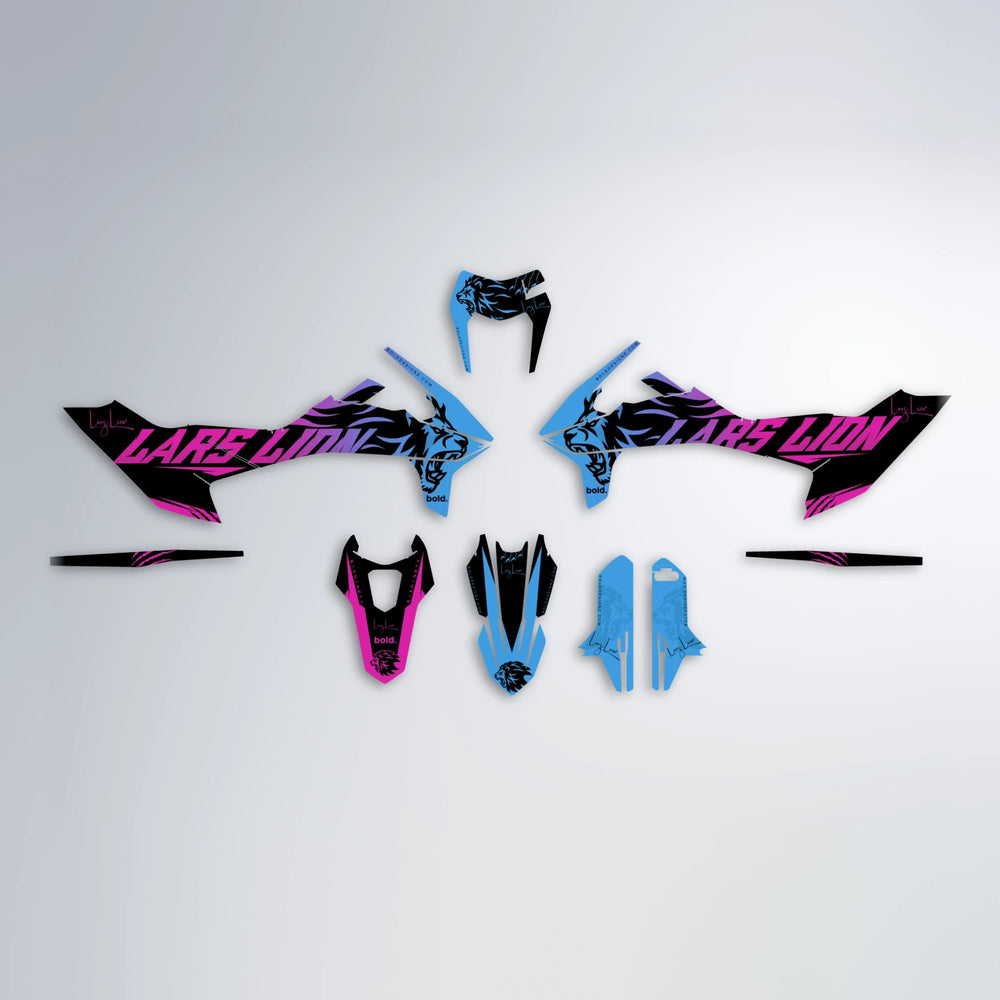 LARSLION KTM SMC 690 graphics kit parts layout in Pink & Light Blue
