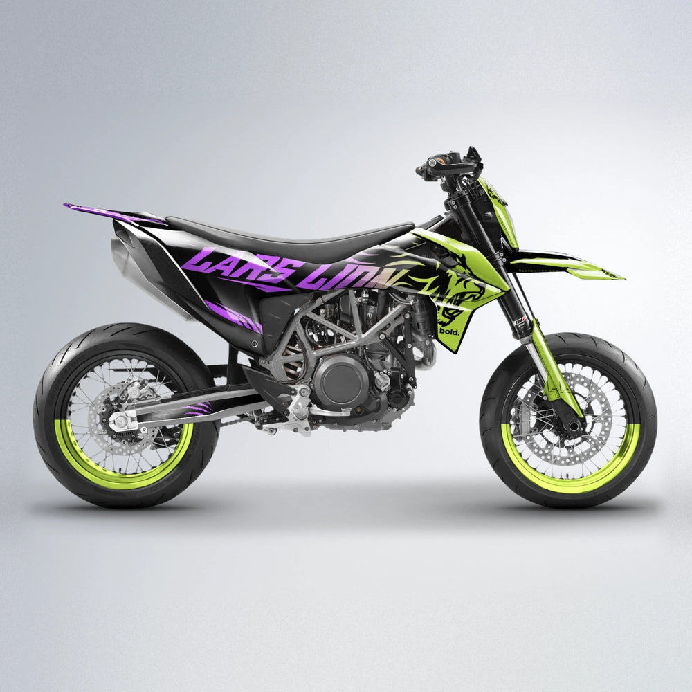 LARSLION KTM SMC 690 supermoto graphics kit in Purple & Yellow