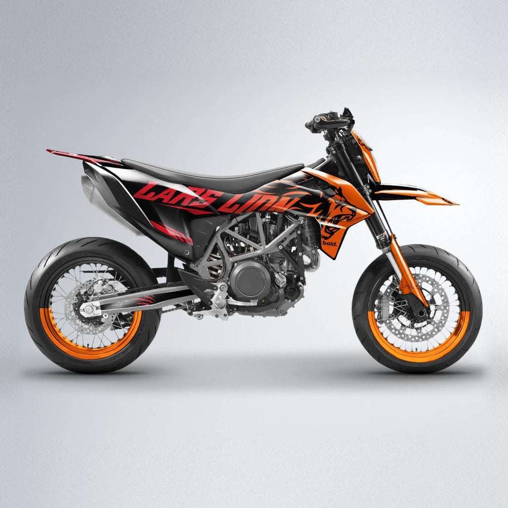 LARSLION KTM SMC 690 supermoto graphics kit in Red & Orange