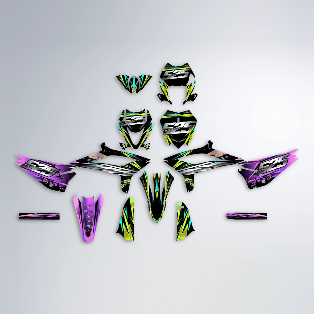 LIBERTY Beta graphics kit parts layout in Purple & Yellow