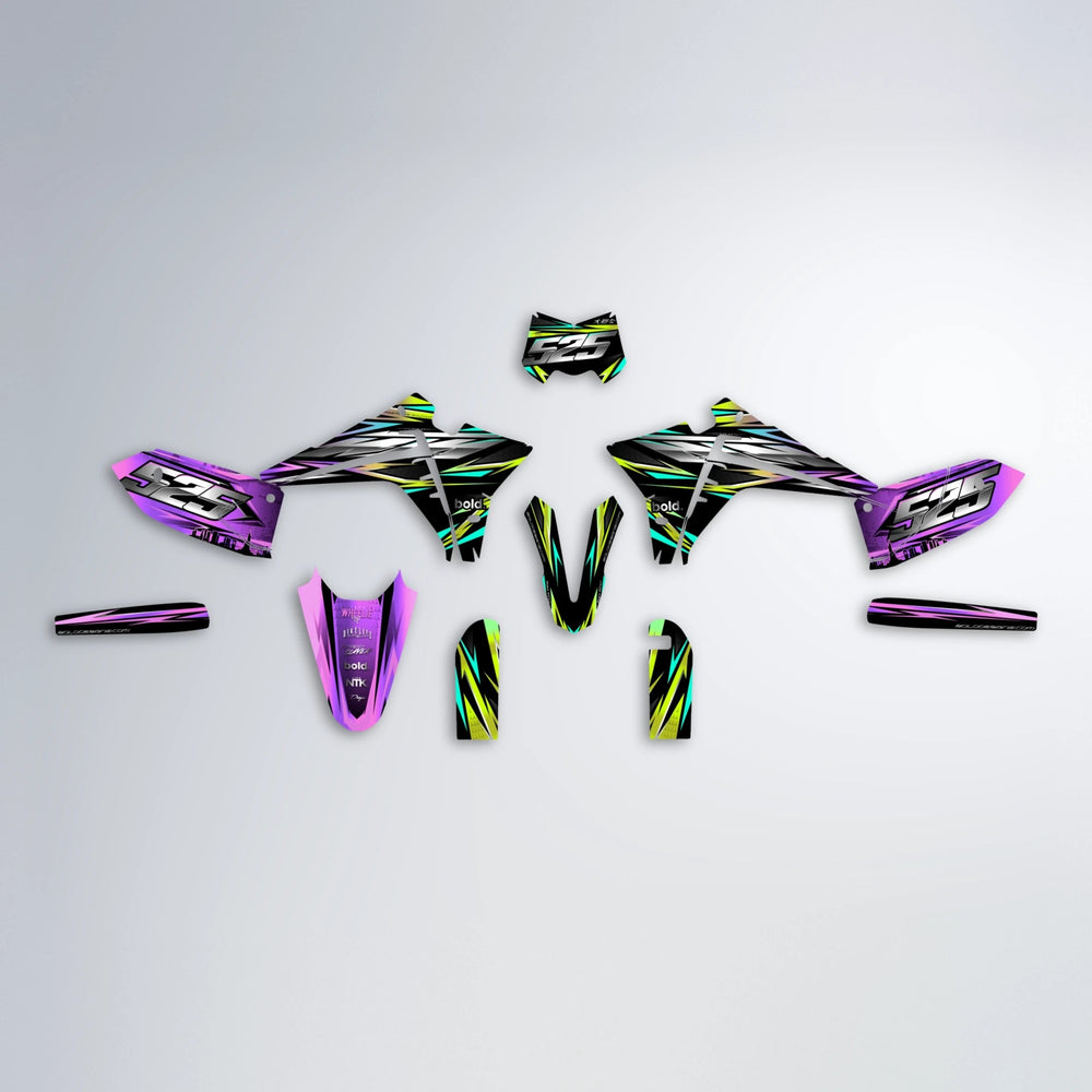 LIBERTY Fantic graphics kit parts layout in Purple & Yellow
