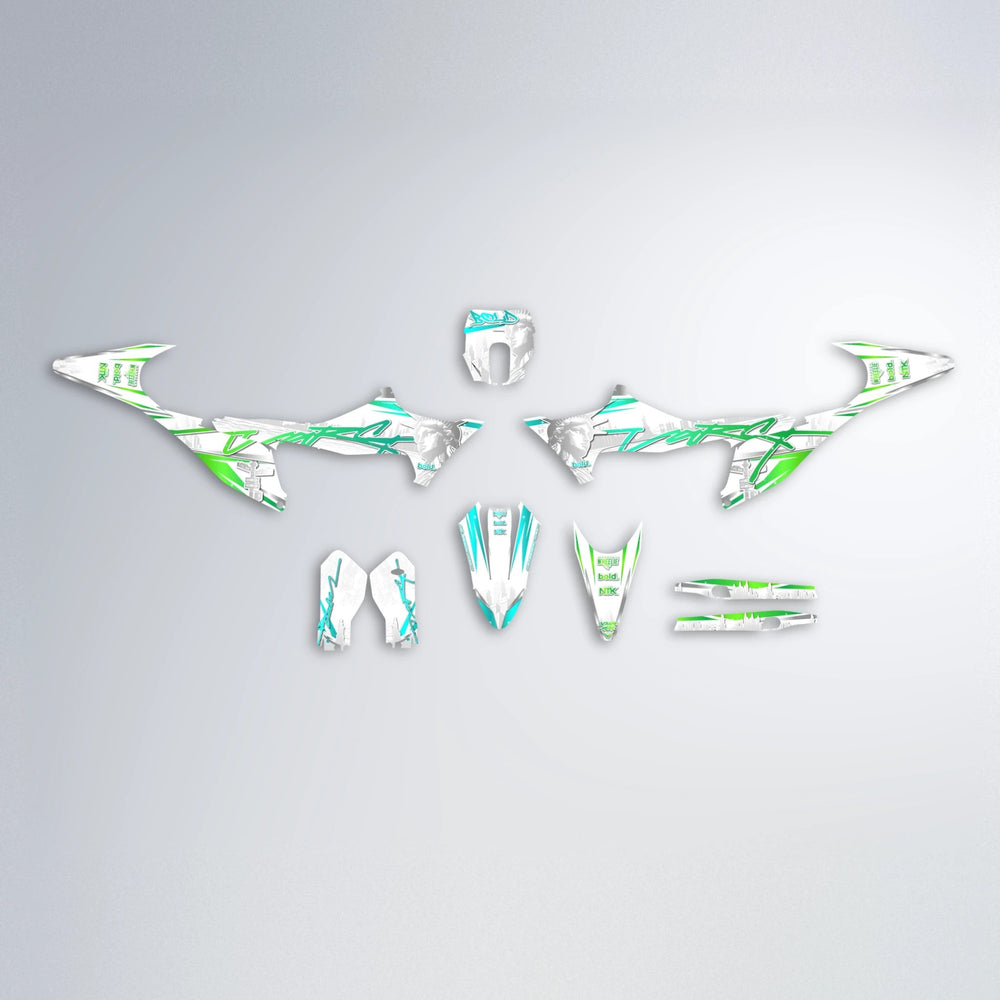LIBERTY Stark Varg MX graphics kit parts layout in Cyan & Green