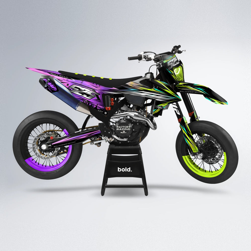 LIBERTY supermoto graphics kit in Purple & Fluo Yellow
