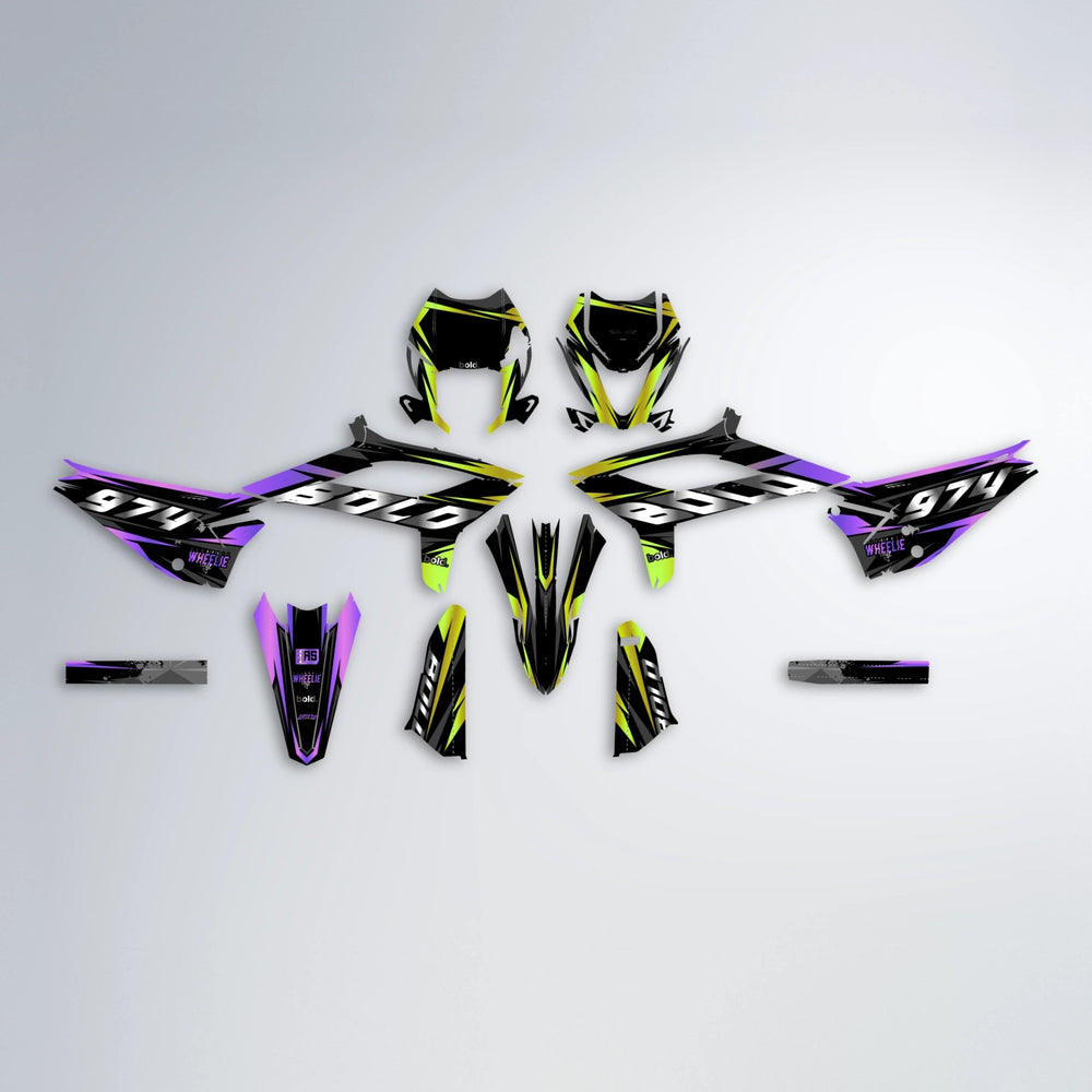 LUSIO Beta graphics kit parts layout in Purple & Yellow