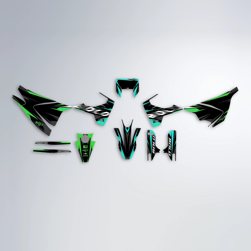 LUSIO Husqvarna 701 graphics kit parts layout in Cyan & Green