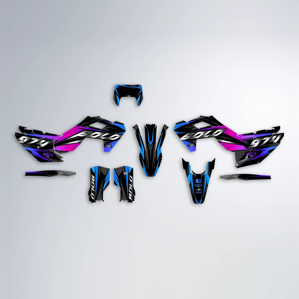 LUSIO Husqvarna FE/TE graphics kit parts layout in Blue Purple Fade