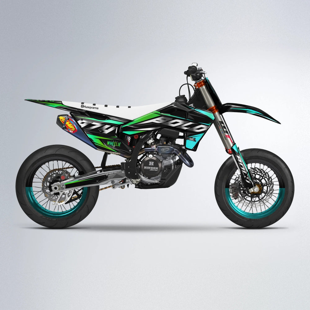 LUSIO Husqvarna FE/TE supermoto graphics kit in Cyan & Green