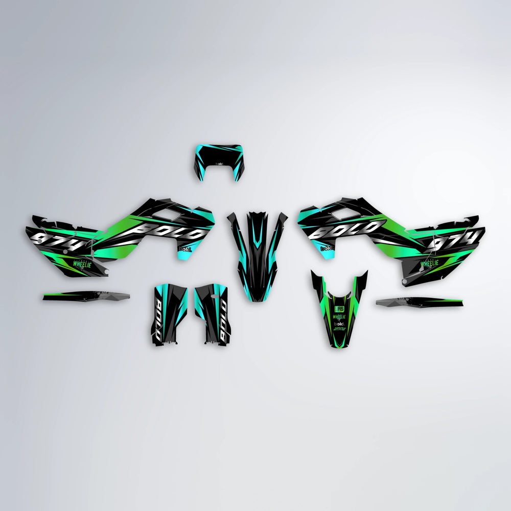 LUSIO Husqvarna FE/TE graphics kit parts layout in Cyan & Green