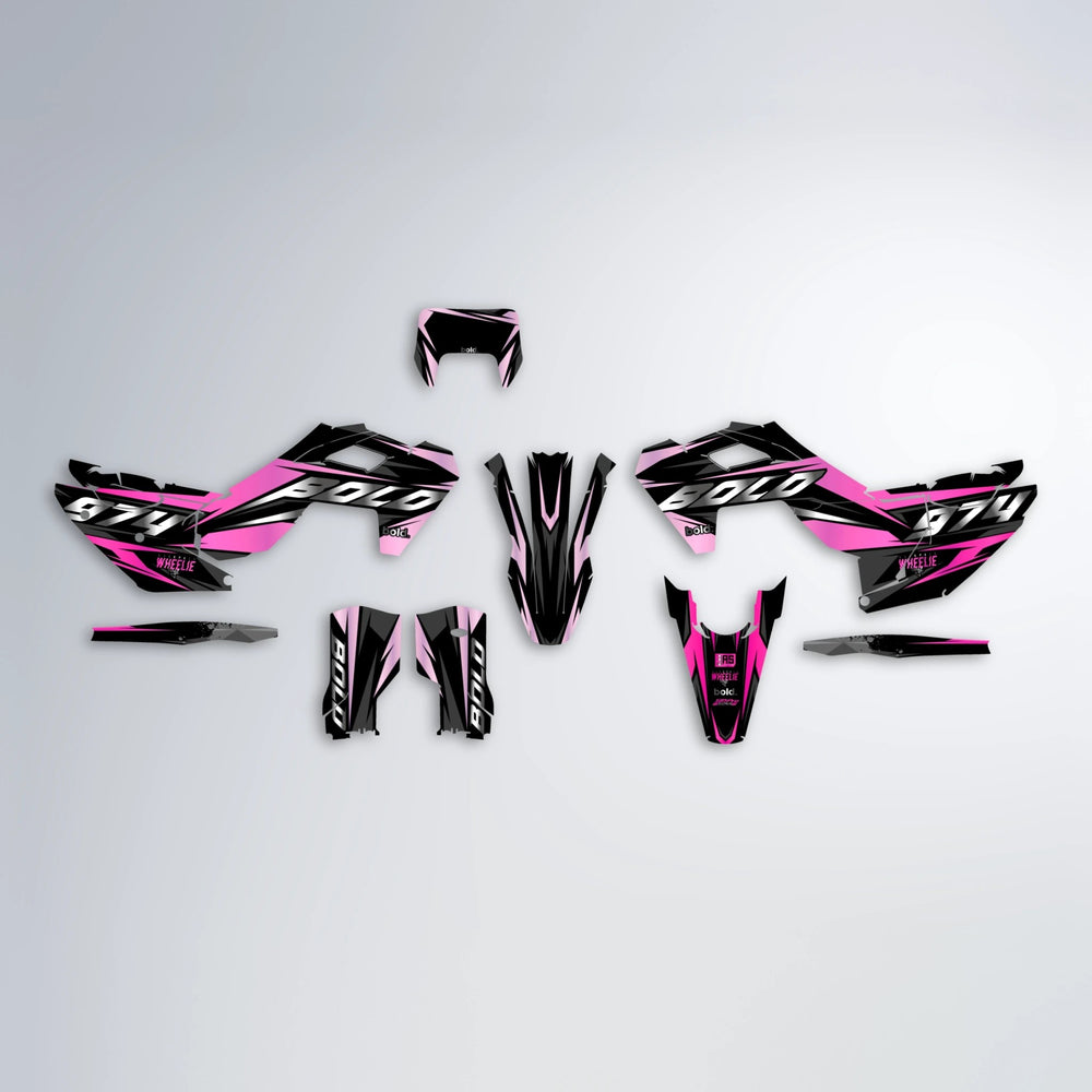 LUSIO Husqvarna FE/TE graphics kit parts layout in Flamingo
