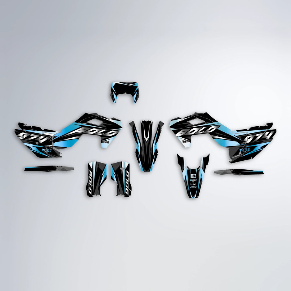 LUSIO Husqvarna FE/TE graphics kit parts layout in Light Blue & White