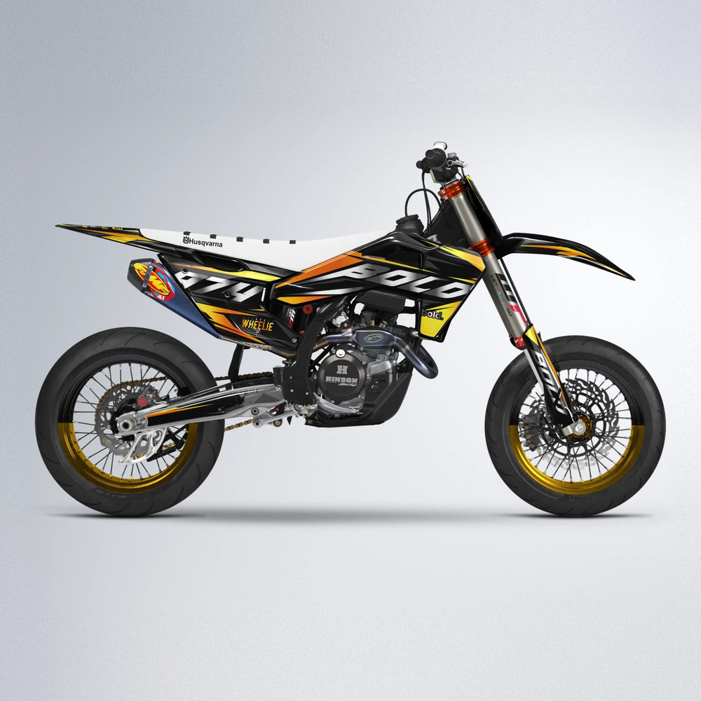 LUSIO Husqvarna FE/TE supermoto graphics kit in Orange & Yellow