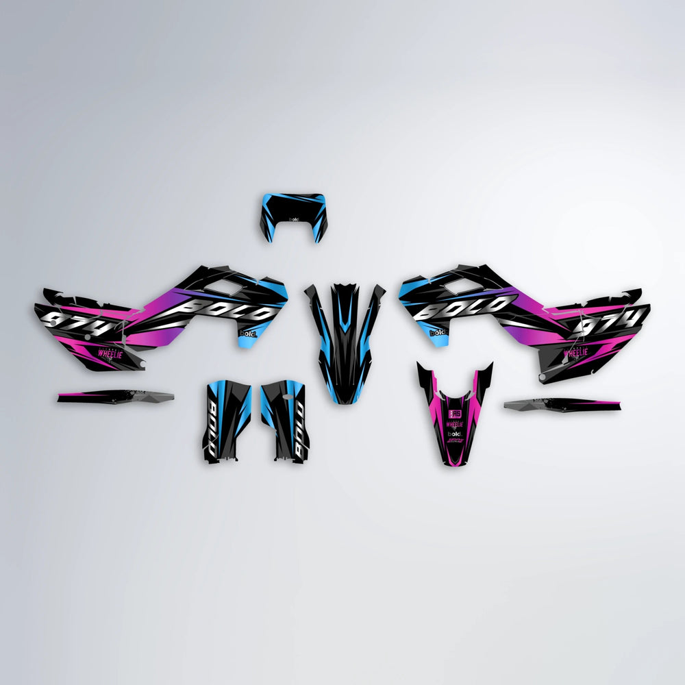 LUSIO Husqvarna FE/TE graphics kit parts layout in Pink & Light Blue
