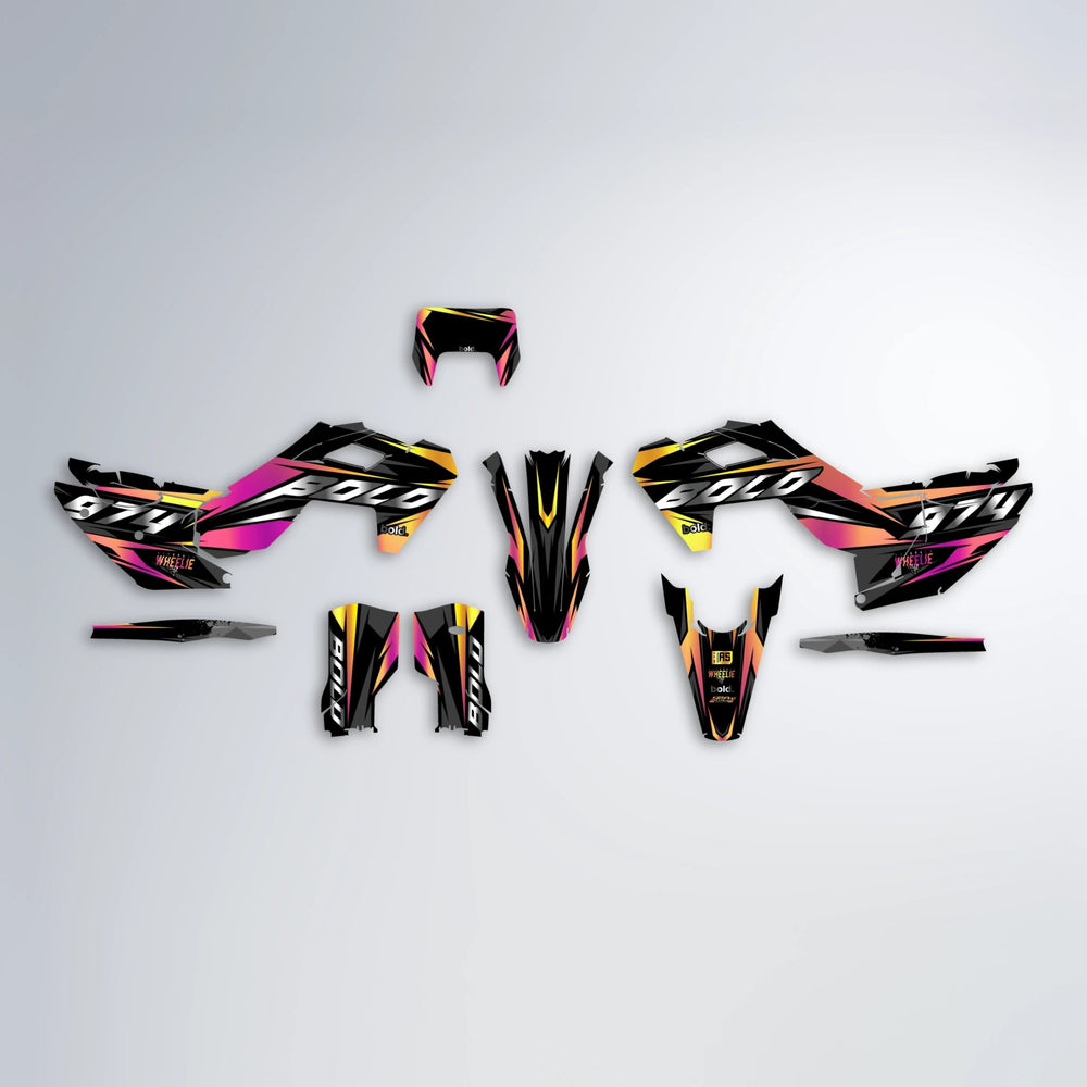 LUSIO Husqvarna FE/TE graphics kit parts layout in Pink & Yellow