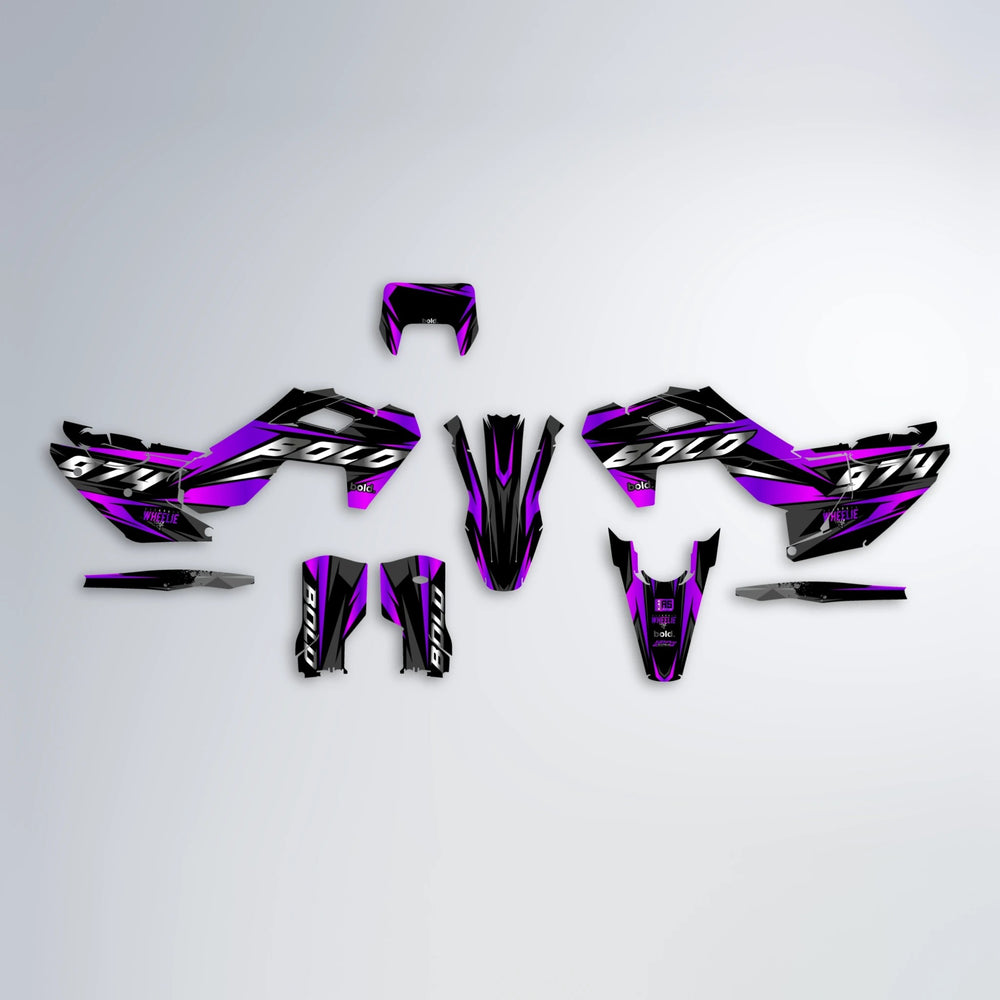LUSIO Husqvarna FE/TE graphics kit parts layout in Purple