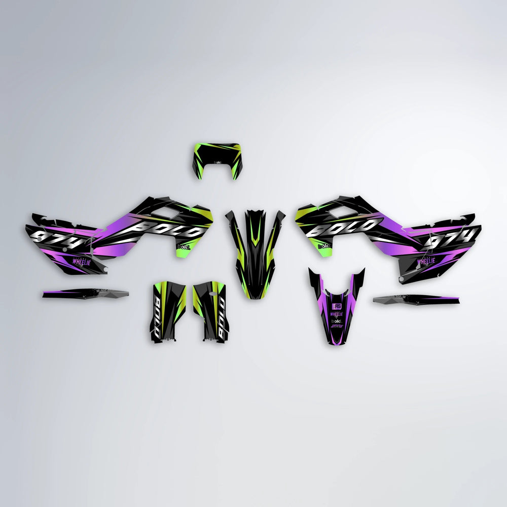 LUSIO Husqvarna FE/TE graphics kit parts layout in Purple & Yellow