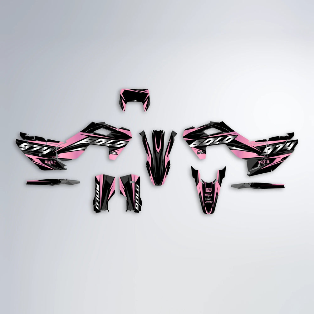 LUSIO Husqvarna FE/TE graphics kit parts layout in Sakura Pink