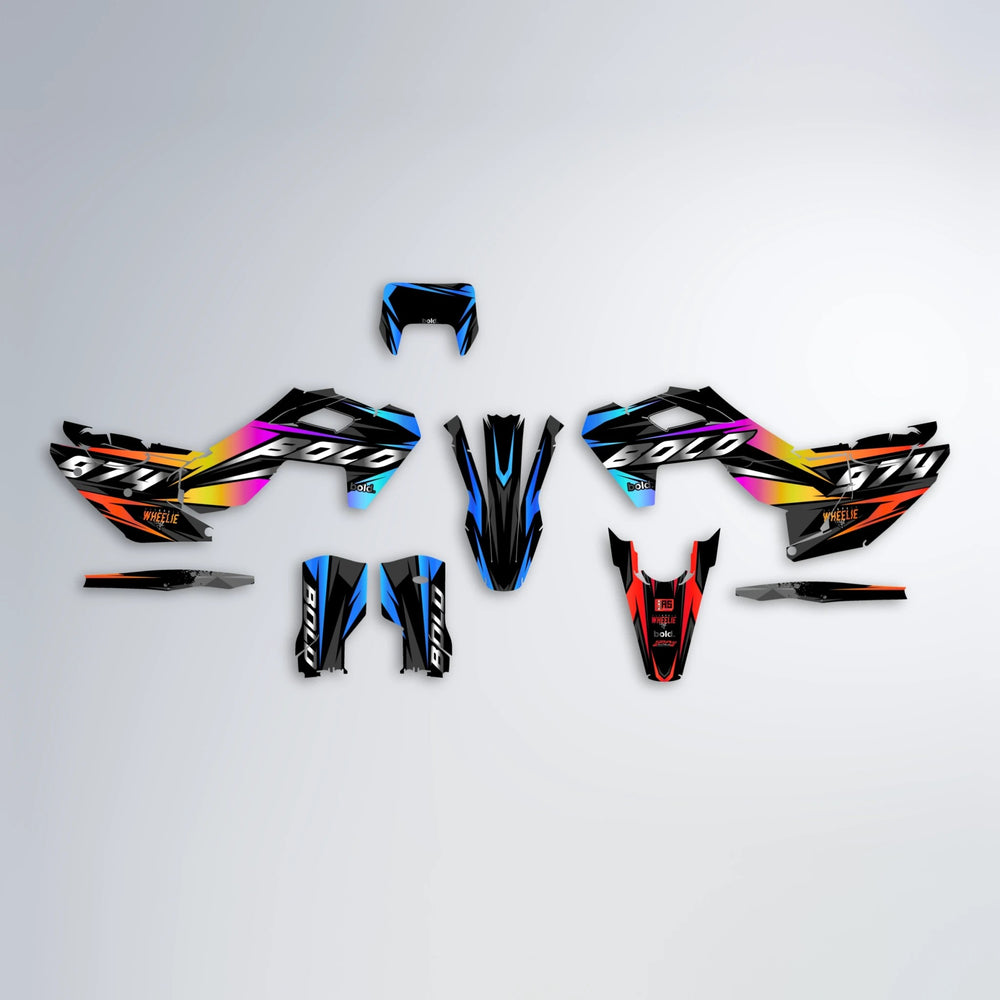 LUSIO Husqvarna FE/TE graphics kit parts layout in Sunset Fade