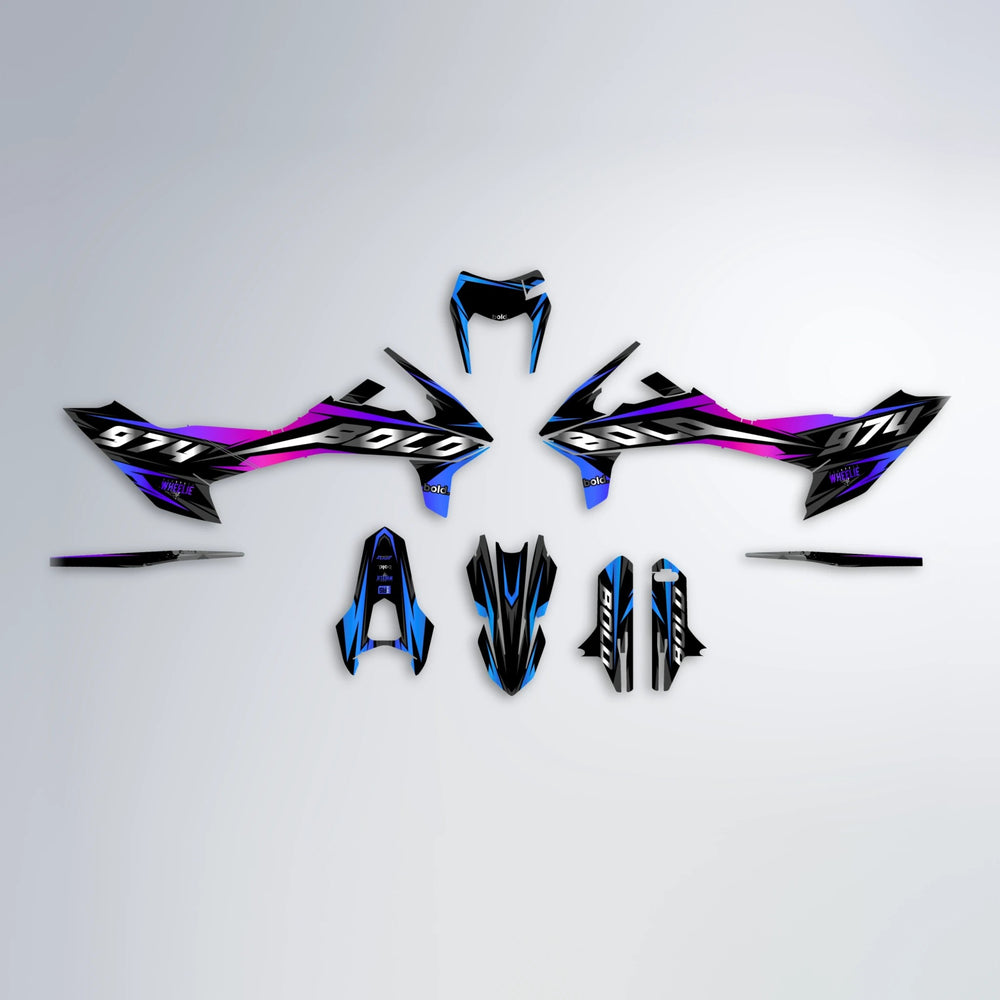 LUSIO KTM SMC 690 graphics kit parts layout in Blue Purple Fade