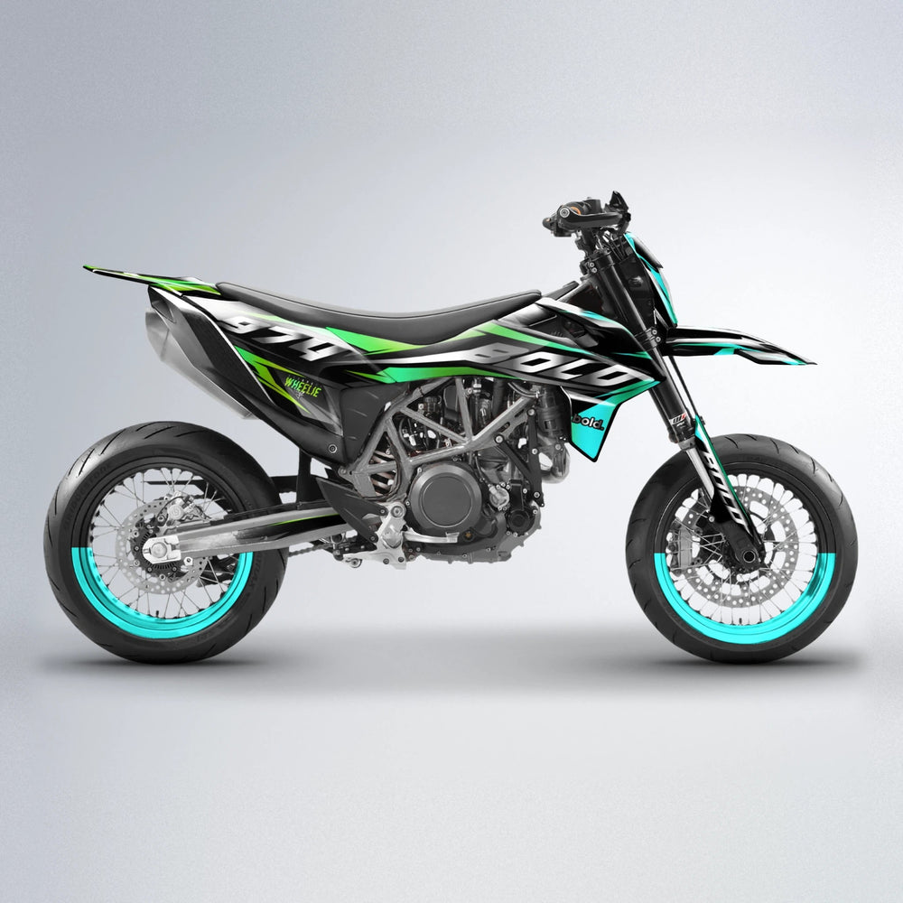 LUSIO KTM SMC 690 supermoto graphics kit in Cyan & Green