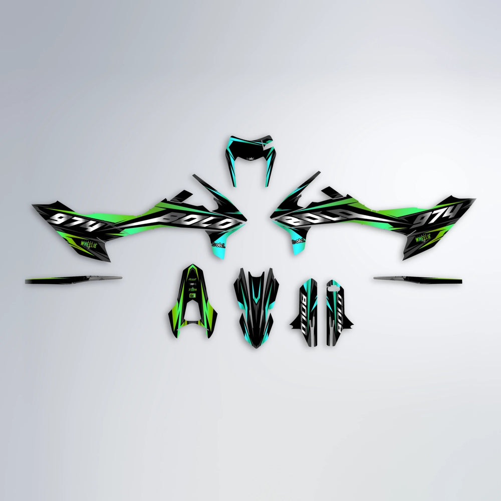 LUSIO KTM SMC 690 graphics kit parts layout in Cyan & Green
