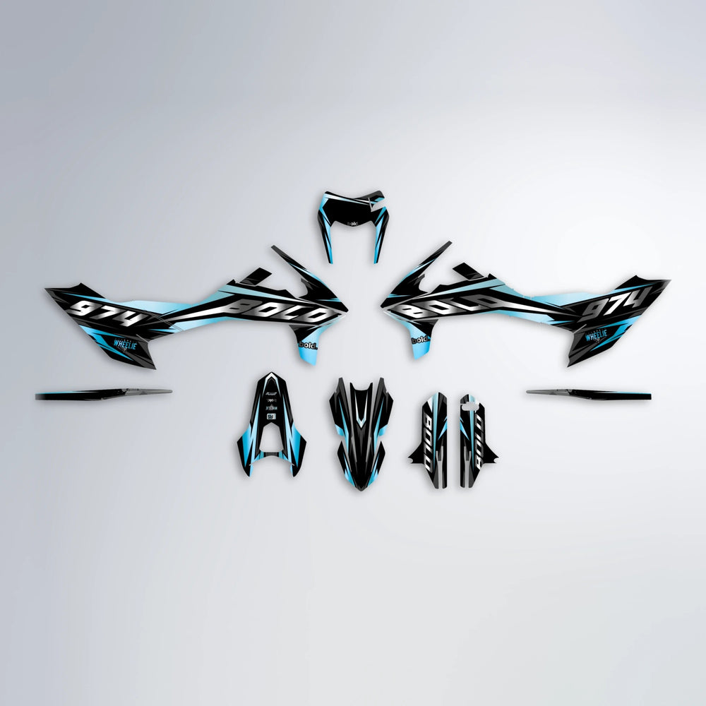LUSIO KTM SMC 690 graphics kit parts layout in Light Blue & White