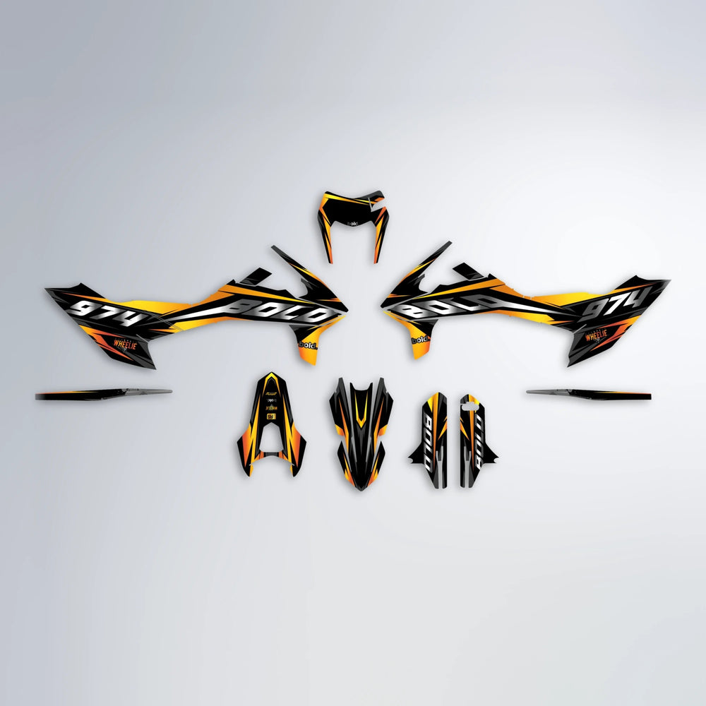 LUSIO KTM SMC 690 graphics kit parts layout in Orange & Yellow