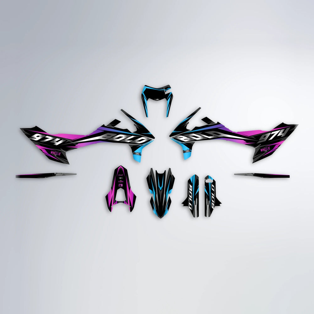LUSIO KTM SMC 690 graphics kit parts layout in Pink & Light Blue