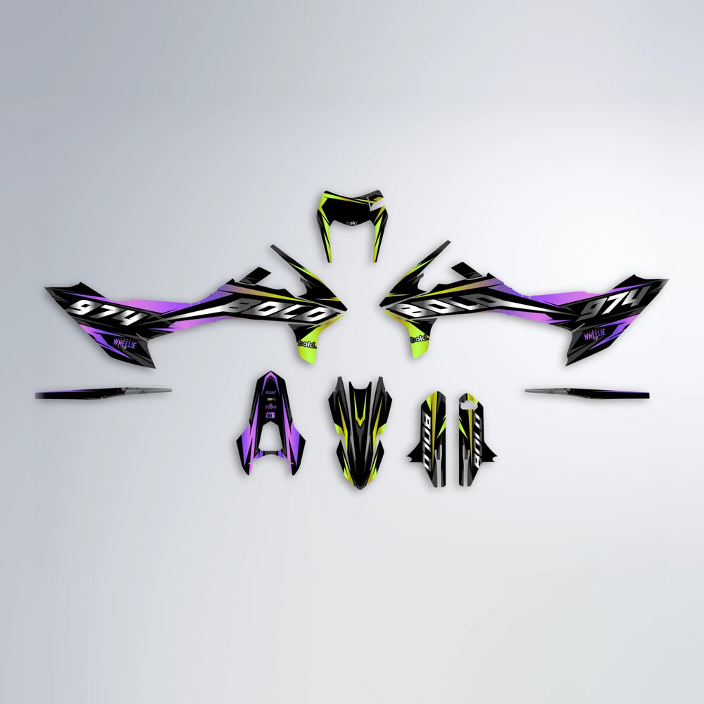 LUSIO KTM SMC 690 graphics kit parts layout in Purple & Yellow