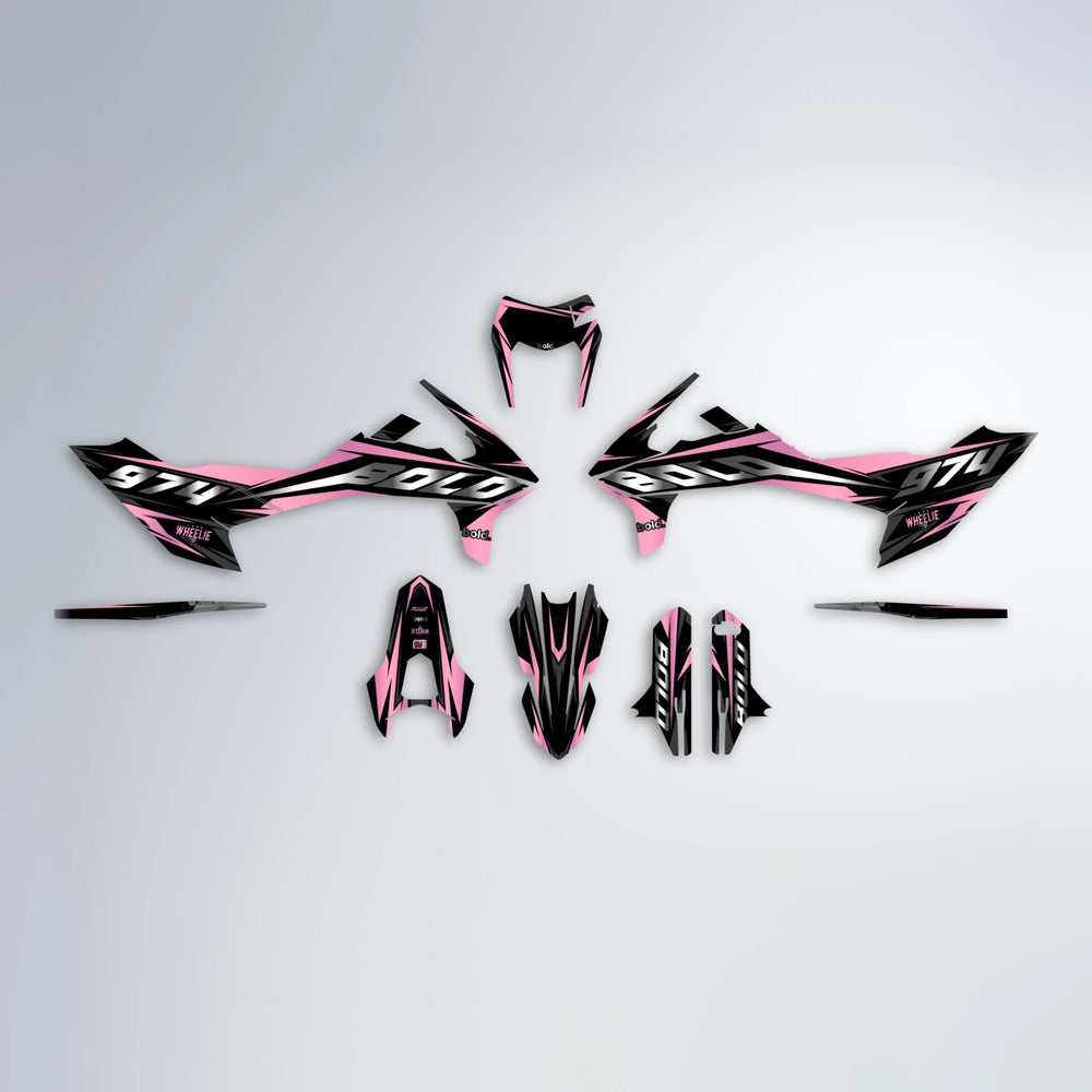 LUSIO KTM SMC 690 graphics kit parts layout in Sakura Pink