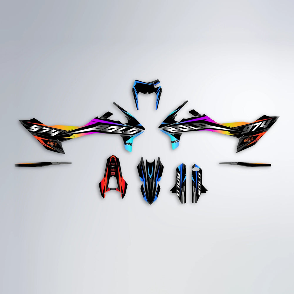 LUSIO KTM SMC 690 graphics kit parts layout in Sunset Fade