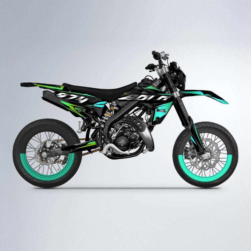 LUSIO Rieju MRT supermoto graphics kit in Cyan & Green