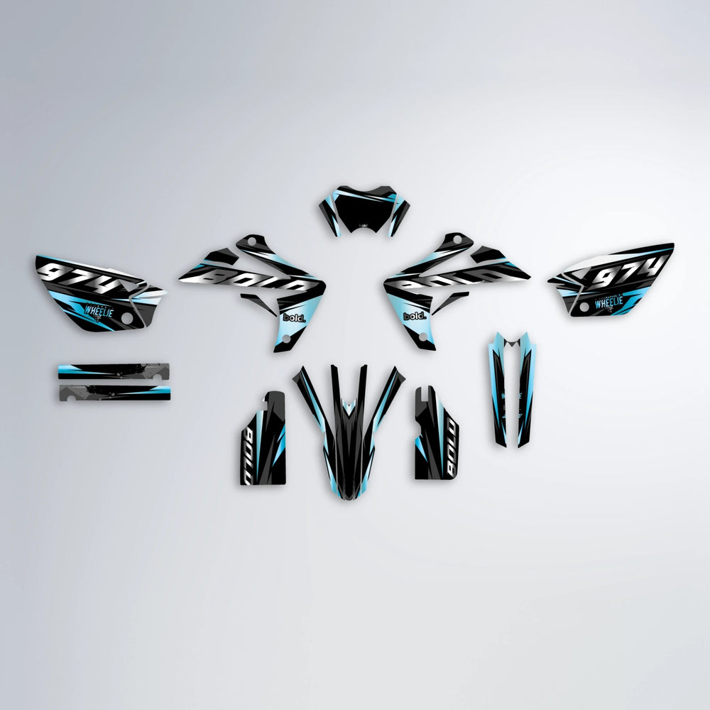 LUSIO Rieju MRT graphics kit parts layout in Light Blue & White
