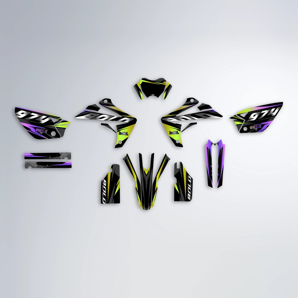 LUSIO Rieju MRT graphics kit parts layout in Purple & Yellow