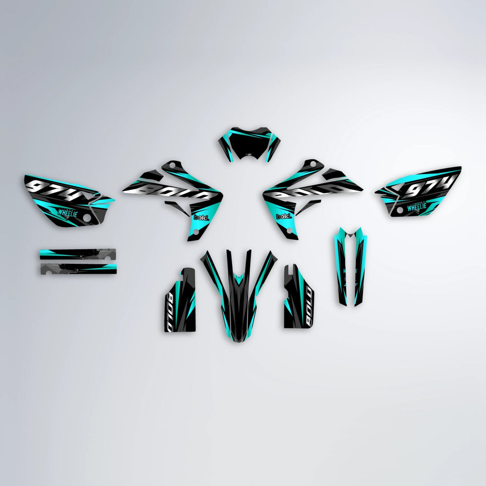 LUSIO Rieju MRT graphics kit parts layout in Teal