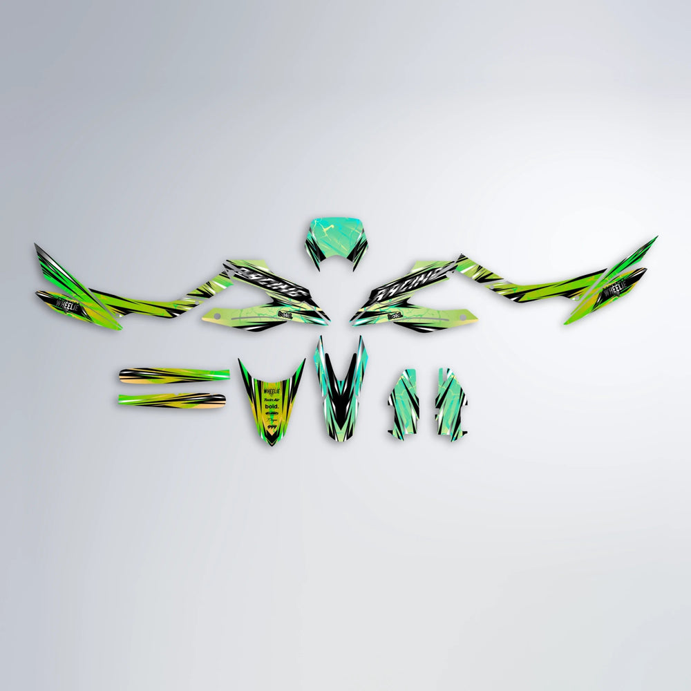MADNESS Aprilia SX 125 graphics kit parts layout in Cyan & Green