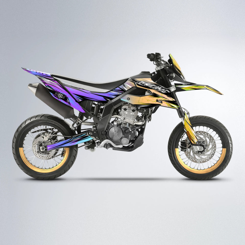 MADNESS Aprilia SX 125 supermoto graphics kit in Purple & Yellow