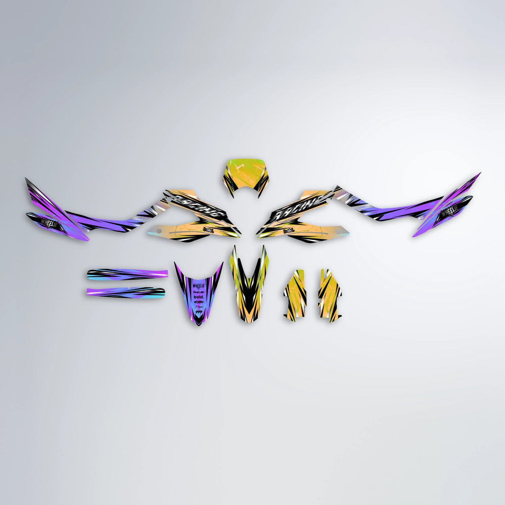 MADNESS Aprilia SX 125 graphics kit parts layout in Purple & Yellow