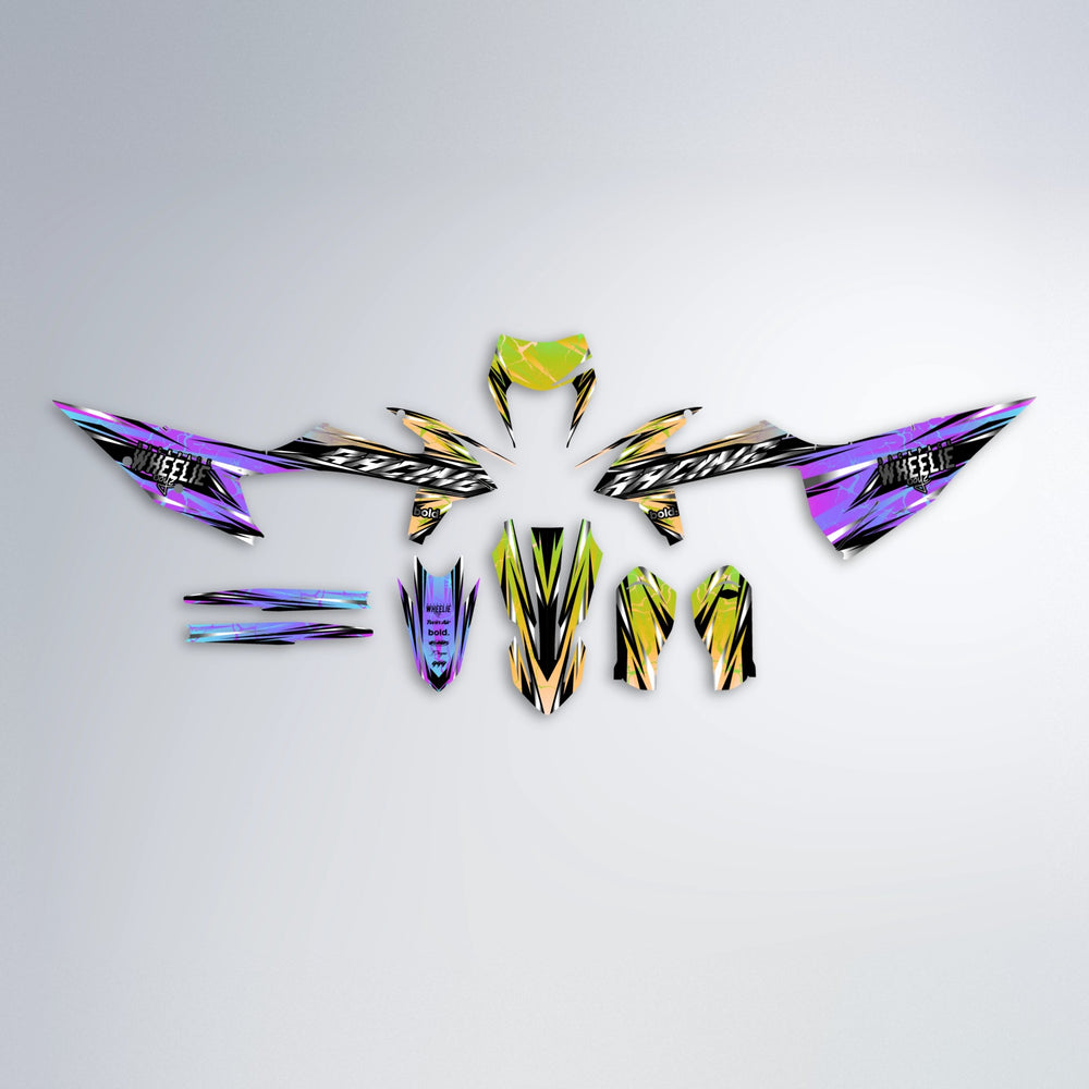 MADNESS graphics kit parts layout in Purple & Fluo Yellow