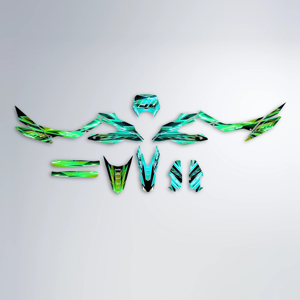 MATRIX Aprilia SX 125 graphics kit parts layout in Cyan & Green