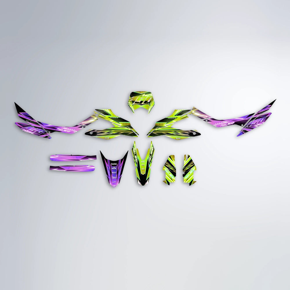 MATRIX Aprilia SX 125 graphics kit parts layout in Purple & Yellow