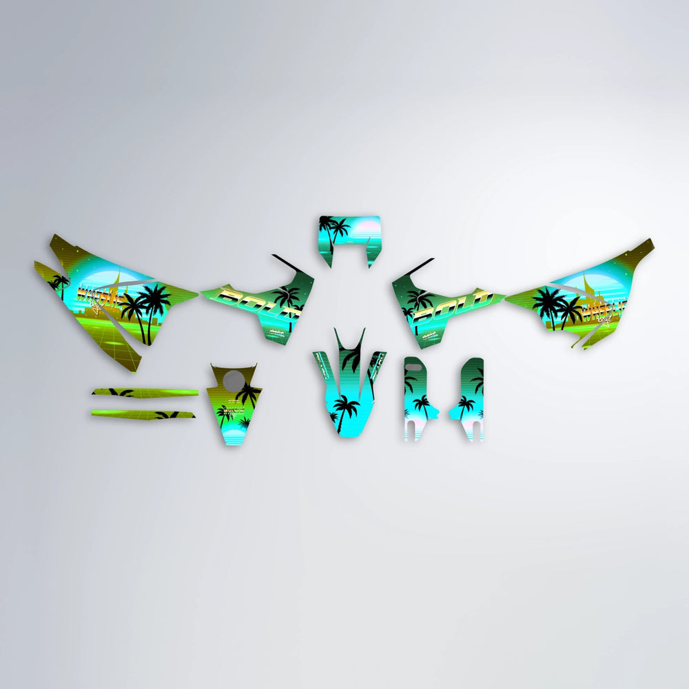 MCFLY Husqvarna 701 graphics kit parts layout in Cyan & Green