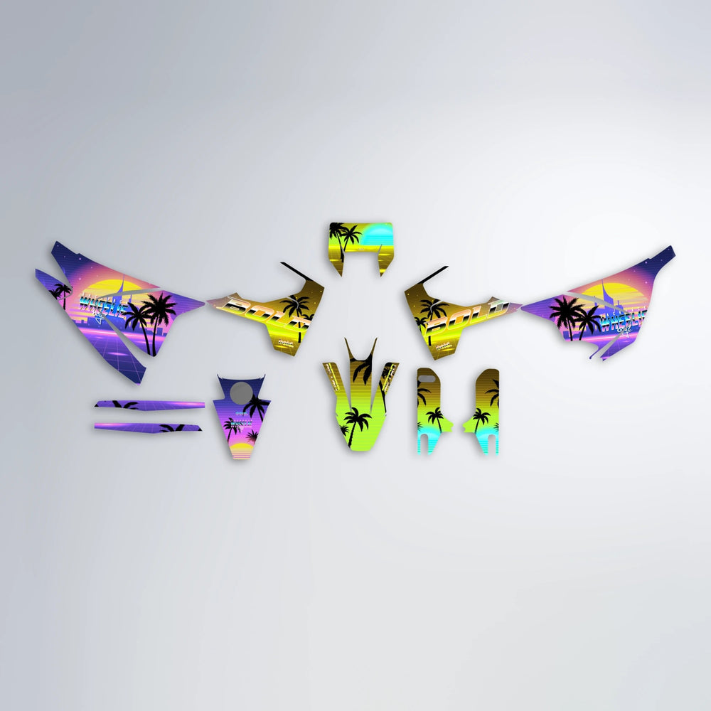 MCFLY Husqvarna 701 graphics kit parts layout in Purple & Yellow