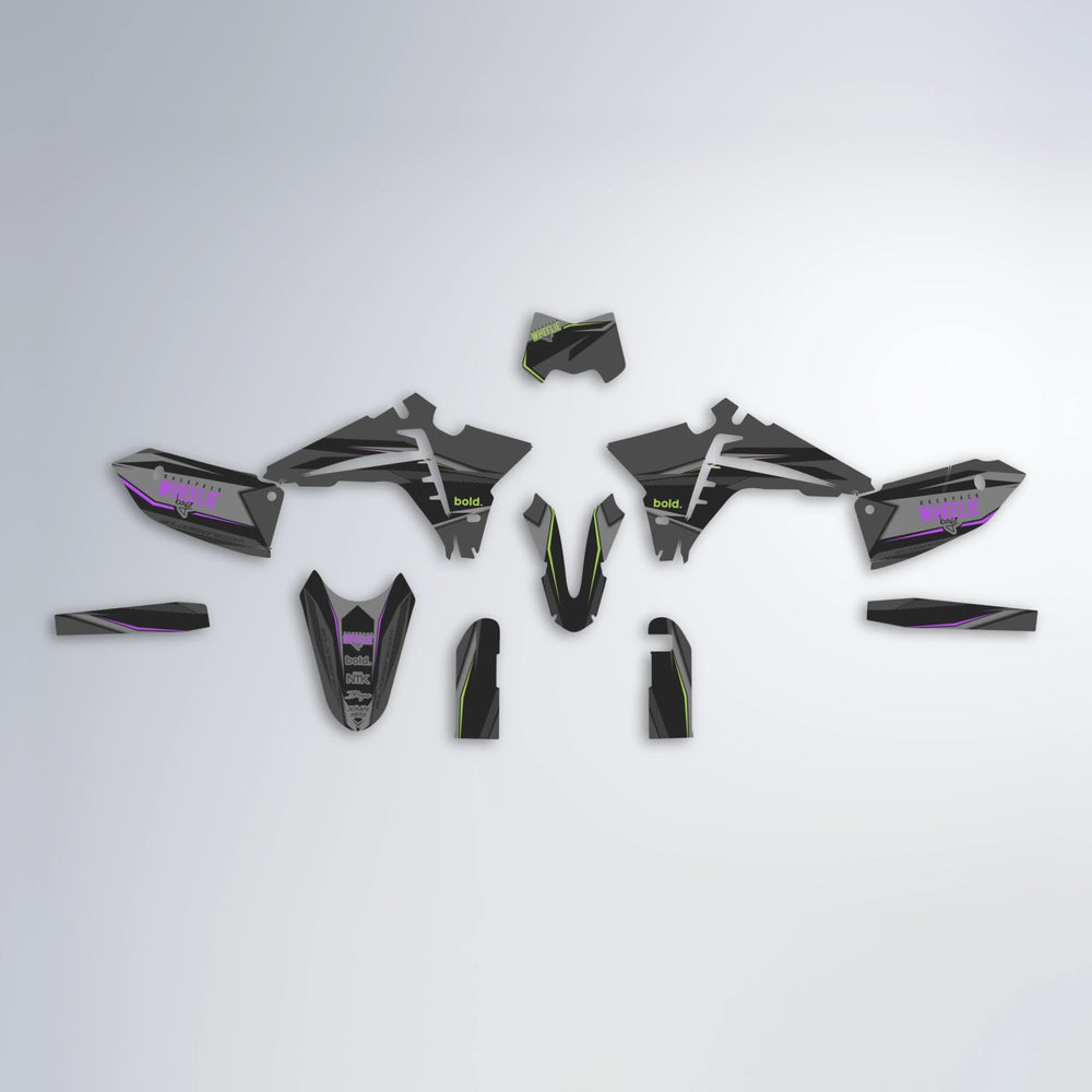 NARDO Fantic graphics kit parts layout in Purple & Yellow