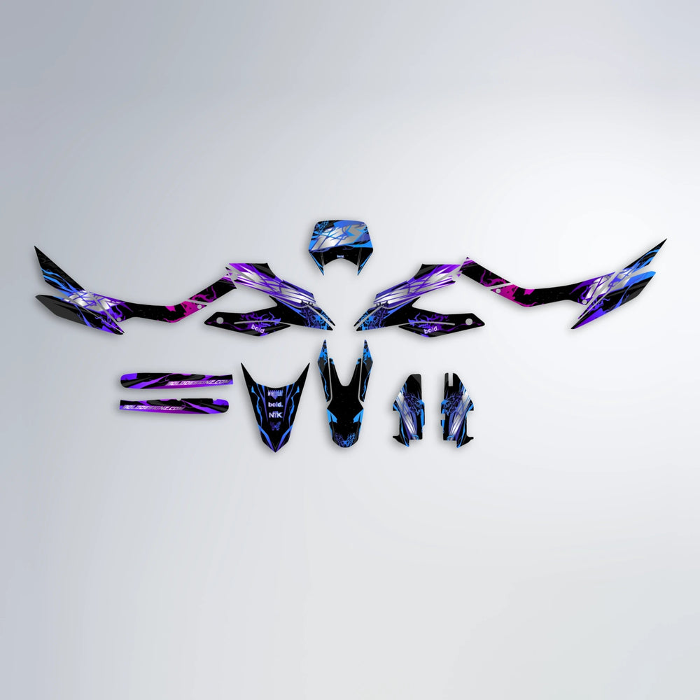 NEMESIS Aprilia SX 125 graphics kit parts layout in Blue Purple Fade