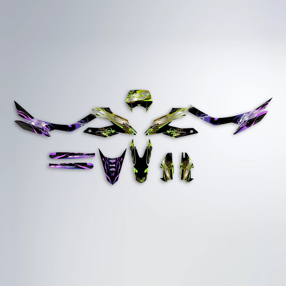 NEMESIS Aprilia SX 125 graphics kit parts layout in Purple & Yellow