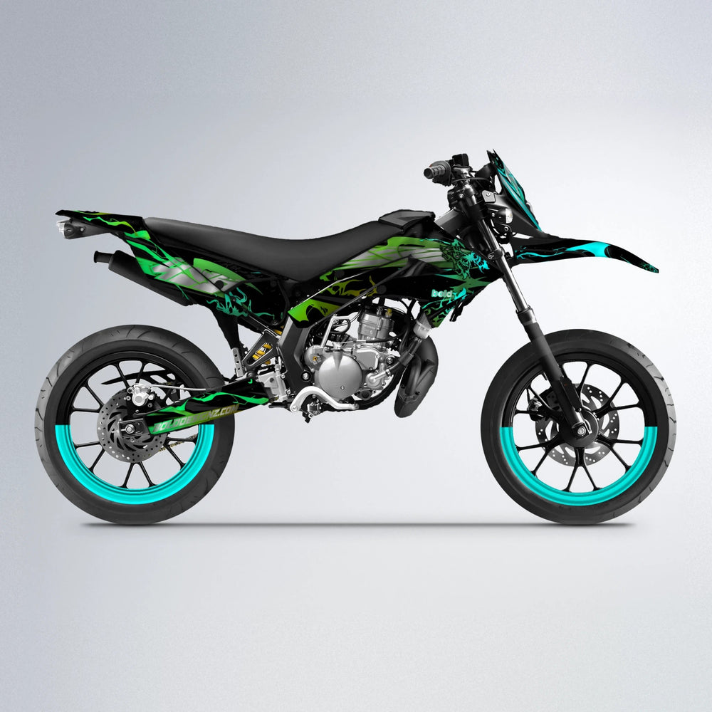 NEMESIS Derbi Senda supermoto graphics kit in Cyan & Green