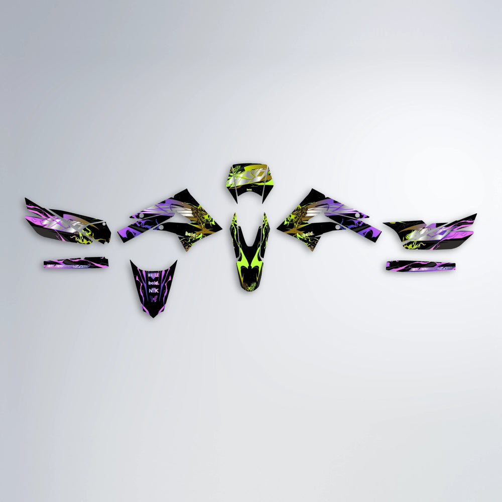 NEMESIS Derbi Senda graphics kit parts layout in Purple & Yellow