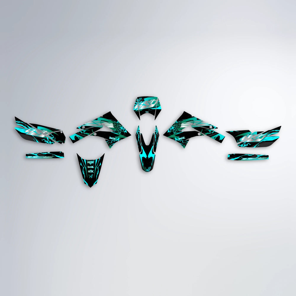 NEMESIS Derbi Senda graphics kit parts layout in Teal