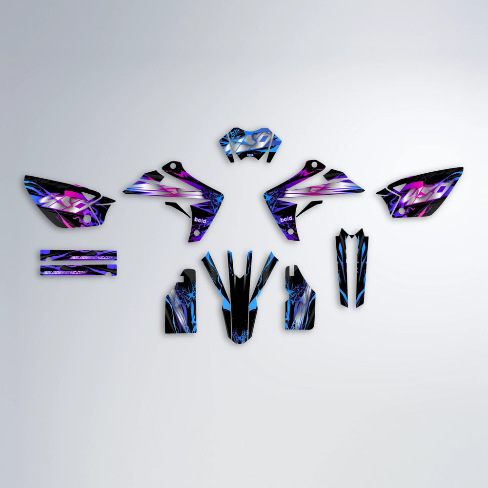 NEMESIS Rieju MRT graphics kit parts layout in Blue Purple Fade